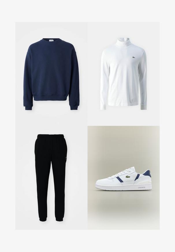 Marineblauer Sweatshirt mit Rundhalsausschnitt und langen Ärmeln, mit gerippten Bündchen und Saum, mit einem kleinen tonalen bestickten Logo auf der linken Brust.; Weißes Langarm-Turtleneck-Shirt aus weichem Stoff, mit einem kleinen grünen gestickten Logo auf der Brust und schmalen Bündchen.; Schwarze Jogginghose mit elastischem Bund und Bündchen. Aus weichem Stoff gefertigt, mit einem kleinen Logo auf der oberen linken Seite.; Weiße Lacoste-Sneaker mit marineblauen Akzenten, grünem Krokodil-Logo, Schnürdesign und markierten Sohlen auf neutralem Hintergrund.