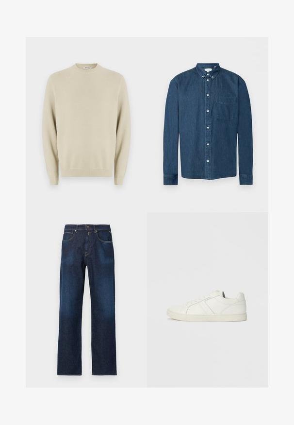 Pull en maille beige avec un col rond, des manches longues, des poignets côtelés et un motif texturé sur l'ensemble. Convient pour une tenue décontractée.; Chemise en denim bleu foncé boutonnée, manches longues, une poche avant à gauche et un col boutonné, présentée sur fond blanc.; Jean droit en denim bleu foncé avec poches avant, passants de ceinture et fermeture par bouton sur un fond uni.; Baskets blanches en cuir montantes basses avec fermeture à lacets et semelle en caoutchouc plate, vues du côté intérieur sur un fond uni.