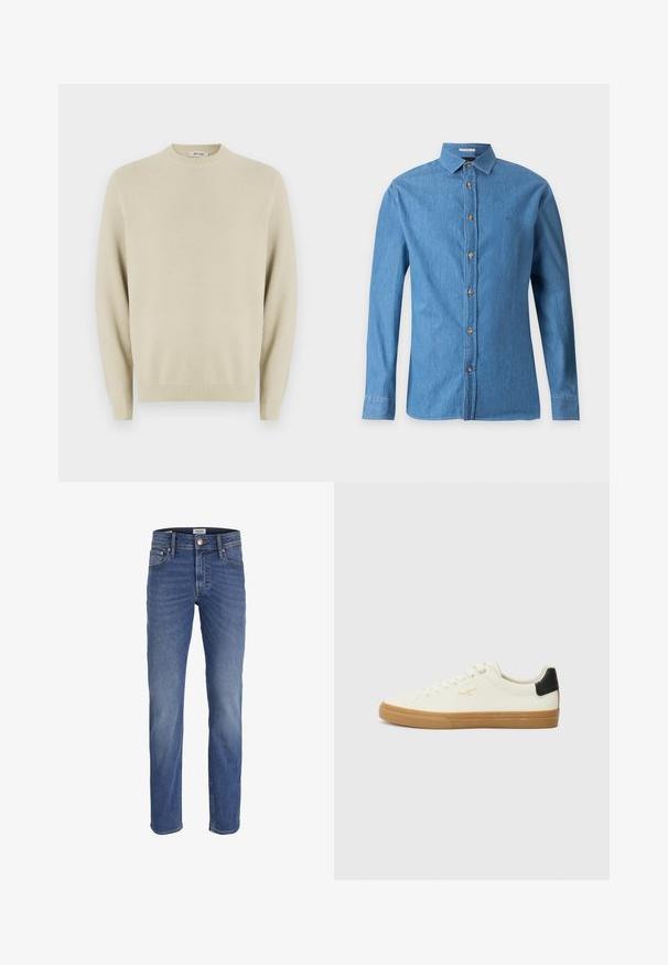 Beige gebreide trui met een ronde hals, lange mouwen, geribbelde manchetten en een textuurpatroon overal. Geschikt voor casual kleding.; Blauw denim overhemd met lange mouwen, een kraag en bruine knopen aan de voorkant, afgebeeld tegen een effen lichtgrijze achtergrond.; Blauwe spijkerbroek met rechte pijpen, knoop- en ritssluiting, voor- en achterzakken, en subtiele vervaging op de dijen en knieën.; Witte canvas sneaker met een gum rubberen zool, zwart accent op de hiel, ronde neus en vetersluiting. Bevat het merlogo in goud aan de zijkant.
