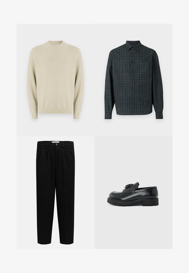 Pull en maille beige avec un col rond, des manches longues, des poignets côtelés et un motif texturé sur l'ensemble. Convient pour une tenue décontractée.; Chemise à manches longues à carreaux en vert foncé et bleu marine, avec fermeture boutonnée, col et une seule poche poitrine. Texture de tissu douce.; Pantalon noir taille haute à jambes droites avec passants pour ceinture, plis sur le devant, poches latérales et fermeture par bouton à la taille.; Mocassin en cuir noir avec pampilles, semelle épaisse en caoutchouc et talon bas, présenté de profil sur un fond uni.
