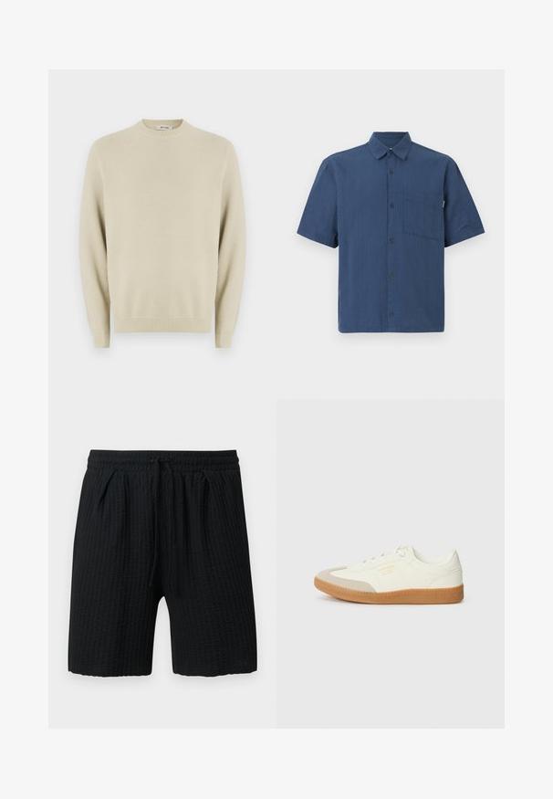 Pull en maille beige avec un col rond, des manches longues, des poignets côtelés et un motif texturé sur l'ensemble. Convient pour une tenue décontractée.; Chemise bleu marine à manches courtes, boutonnée, avec poche poitrine et col classique sur un fond uni.; Short noir texturé avec taille élastique et cordon, muni de deux poches latérales et d'une coupe mi-cuisse.; Baskets en cuir blanc avec une coque beige et une semelle en caoutchouc marron clair. Dotées de lacets blancs plats et d'un logo embossé sur le côté.