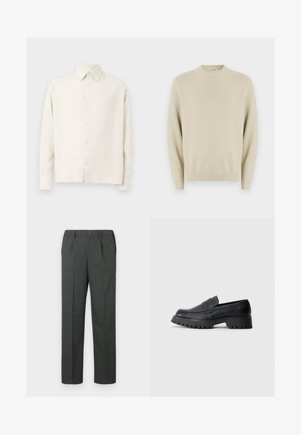Beige strikket sweater med rund hals, lange ærmer, ribbede manchetter og et struktureret mønster hele vejen igennem. Egnet til afslappet brug.; Lys beige langærmet skjorte lavet af struktureret stof. Har en krave og knaplukning foran samt en ligefrem kant.; Grå skræddersyede bukser med flad front, lige ben design og enkelt knaplukning, lavet af et letvægtsstof.; Sorte læder loafers med en rund tå, prydet med en dekorativ rem og en kraftig gummisål med dybe riller for grip.