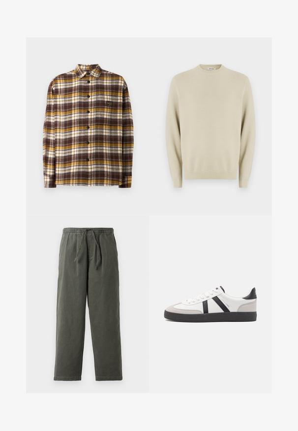 Beige strikket sweater med rund hals, lange ærmer, ribbede manchetter og et struktureret mønster hele vejen igennem. Egnet til afslappet brug.; Brun, gul og hvid ternet skjorte med knapper, lavet af stof; har krave, lange ærmer, og frontknapper. Lille logo mærke på brystet.; Mørke olivengrønne bukser med snoretræk i taljen, lavet af let stof. Løs pasform med lige ben og ingen synlige lommer eller pynt.; Hvide sneakers med sorte og grå detaljer, med en tekstureret grå tåhætte, sort gummisål og flade hvide snørebånd. Rent design, minimalistisk stil.
