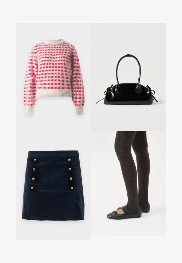 Strikket sweater i creme og rød med et ternet mønster, ribbede ærmer og kant, samt en rund halsdesign. Blød tekstur.; Marineblå corduroy nederdel med lige pasform, fem metalliske knapper foran og to sidelommer for funktionalitet.; Ben iført mørke ribbede leggings kombineret med sorte balletsko med små sløjfedetaljer på hvid baggrund.; Lille sort blank håndtaske med to lange håndtag og snøre-detaljer i siden på en ensfarvet lys baggrund.