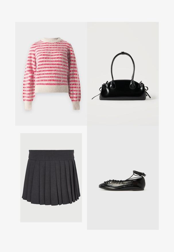 Strikket sweater i creme og rød med et ternet mønster, ribbede ærmer og kant, samt en rund halsdesign. Blød tekstur.; Grå plisseret nederdel med flad talje og lynlås, lavet af et struktureret stof med jævnt fordelte dybe plisseringer.; Sorte balletflade sko i laklæder med rundet tå, snørelukning og flad sål. Glat tekstur med få detaljer.; Lille sort blank håndtaske med to lange håndtag og snøre-detaljer i siden på en ensfarvet lys baggrund.