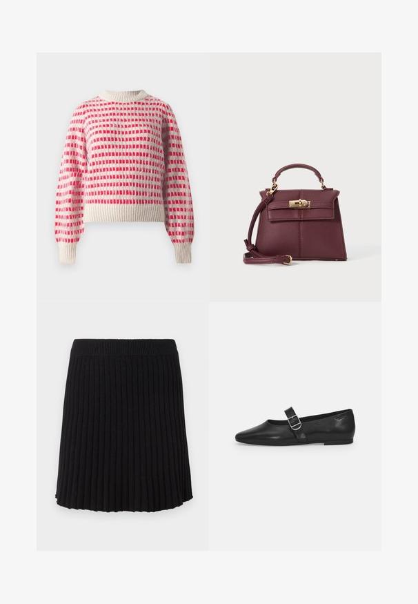 Jersey de punto en crema y rojo, con un patrón de cuadros, puños y dobladillo acanalados, y diseño de cuello redondo. Textura suave.; Falda de punto negra con canalé y una cinturilla ancha, que presenta pliegues verticales y un dobladillo acampanado. Textura uniforme en toda la prenda.; Zapato plano de cuero negro con punta redondeada, una sola correa ajustable con hebilla y una textura suave y brillante. Diseño minimalista con un tacón bajo.; Bolso de cuero burdeos con forma estructurada, correa desmontable, asa superior, herrajes dorados y cierre de clasp en la parte frontal.