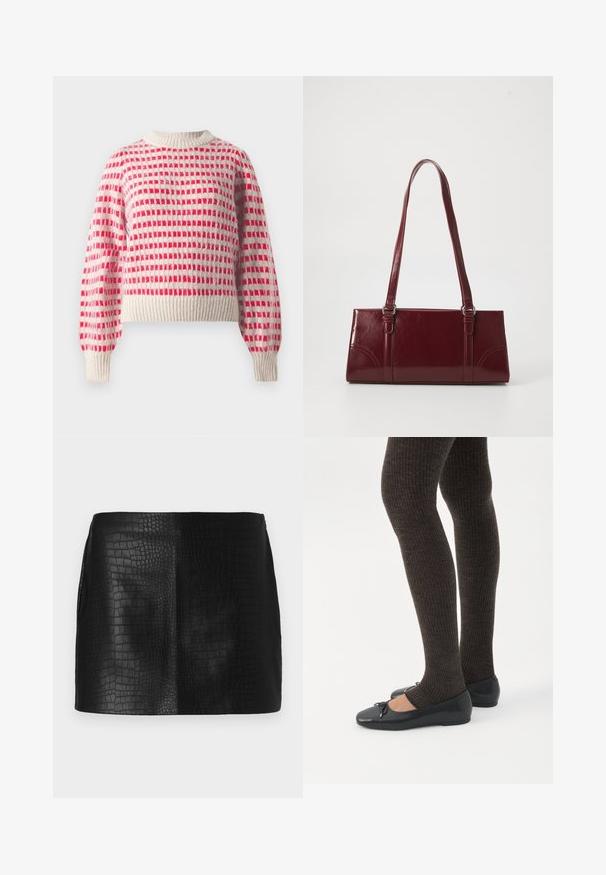 Pull en tricot crème et rouge, avec un motif à carreaux, des poignets et un ourlet côtelés, et un col rond. Texture douce.; Mini jupe en simili cuir noir avec un motif crocodile texturé, présentant une finition lisse et une coupe ajustée sans accessoires visibles.; Jambes portant des leggings côtelés foncés associés à des ballerines noires avec de petits détails en nœud sur fond blanc.; Sac à main bordeaux en matériau brillant, de forme rectangulaire, avec deux anses et des accents légèrement courbés à l'avant.