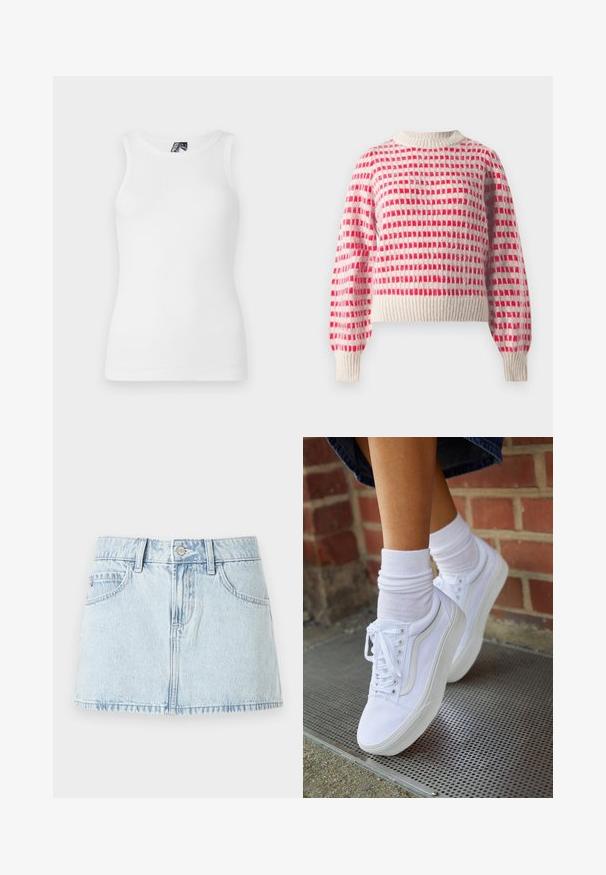 Strikket sweater i creme og rød med et ternet mønster, ribbede ærmer og kant, samt en rund halsdesign. Blød tekstur.; Hvid ribbet tanktop med rund halsudskæring og ærmeløst design, lavet af en blød bomuldsblanding med en tætsiddende silhuet.; Lyseblå denim-mini nederdel med frontknap, bælteløkker og forlommer, vist på en hvid baggrund.; Hvide lærreds sneakers med gummisåler, der har seks snørehuller, rund tå og let sømdetaljer, krydret med hvide ankelstrømper.