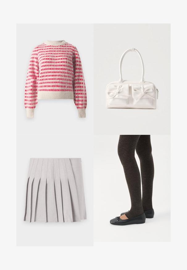 Strikket sweater i creme og rød med et ternet mønster, ribbede ærmer og kant, samt en rund halsdesign. Blød tekstur.; Grå plisseret nederdel med en glat tekstur, der har flere lodrette folder og en tætsiddende talje. Fremstillet af letvægtsstof.; Ben iført mørke ribbede leggings kombineret med sorte balletsko med små sløjfedetaljer på hvid baggrund.; Hvid syntetisk håndtaske med to forlommer, hver med en bundet sløjfedetalje. Glat tekstur, afrundede håndtag og lynlås lukning.