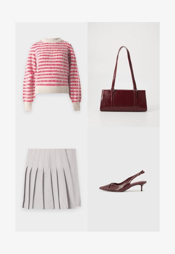 Jersey de punto en crema y rojo, con un patrón de cuadros, puños y dobladillo acanalados, y diseño de cuello redondo. Textura suave.; Falda gris con pliegues y una textura suave, que presenta múltiples pliegues verticales y una cintura ajustada. Fabricada con un tejido ligero.; Tacón slingback de cuero burdeos con punta afilada, correa ajustable y detalle decorativo de lazo en la parte delantera. Altura del tacón de 3 pulgadas.; Bolso burdeos hecho de material brillante, de forma rectangular, con dos asas para el hombro y sutiles acentos curvados en la parte frontal.