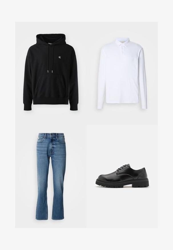 Sort hoodie lavet af blødt bomuld med en forlomme, justerbar snøre i hætten og et lille hvidt logo på brystet.; Langærmet hvid polo-shirt lavet af blødt stof, med en klassisk krave, tre knaplukninger og et diskret logo på brystet.; Lyseblå denim jeans med lige pasform og let flare. Har fem lommer, knaplukning og subtile slidte detaljer.; Sorte lædersko med rund tå, snørelukning og en tykk, struktureret gummisål. Har syninger langs kanten og en glat overflade.