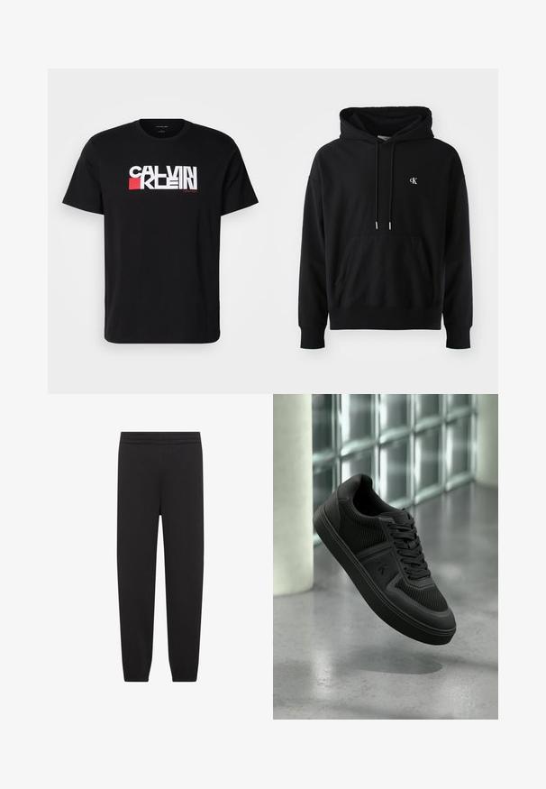 Schwarzer Hoodie aus weichem Baumwollmaterial mit einer vorderen Kängurutasche, verstellbarem Kordelzug und einem kleinen weißen Logo auf der Brust.; Schwarzes Baumwoll-T-Shirt mit auffälligem weißen und roten "CALVIN KLEIN"-Logo über der Brust. Kurzarm- und Rundhalsausschnitt-Design.; Schwarze, schmal zulaufende Jogginghosen mit elastischem Bund und Bündchen, entworfen für Freizeit- oder Sportbekleidung.; Schwarzer Low-Top-Sneaker mit strukturierten Paneelen, Schnürsenkeln und "ck"-Logo an der Seite, schwebt über einem polierten Betonboden in der Nähe von Glasbausteinen.