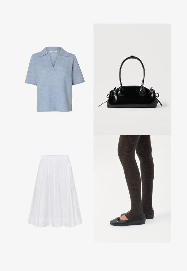 Haut en maille bleu clair à manches courtes, texture douce, col en V ouvert et col à revers.; Jupe blanche, longueur genoux avec une taille élastique, en tissu léger. Présente une texture douce et des détails de plis discrets.; Jambes portant des leggings côtelés foncés associés à des ballerines noires avec de petits détails en nœud sur fond blanc.; Petit sac à main noir brillant avec deux longues anses et des détails à cordon sur les côtés sur un fond clair uni.