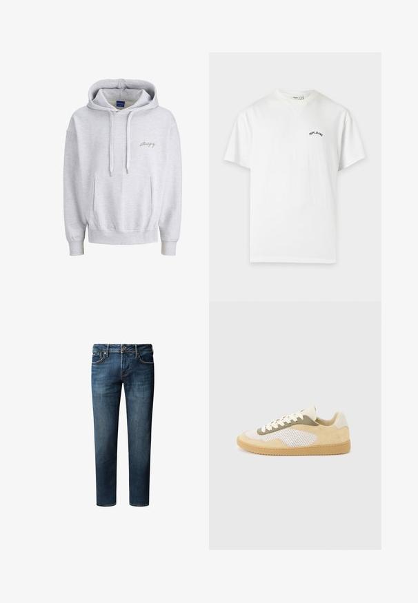 Lysegrå hættetrøje med frontlomme, snøre i hætten, ribkant ved ærmerne og lille signaturlogo på venstre bryst.; Hvid T-shirt med korte ærmer og rund hals med lille sort "Pepe Jeans" tekst på venstre bryst.; Mørkeblå denim jeans med lige ben, der har fem lommer, knaplukning og subtile falme detaljer på stoffet.; Lav-top sneaker med beige ruskind, hvide meshpaneler, olivengrønne detaljer, hvide snørebånd og gummisål i karamelfarve på en lysegrå baggrund.