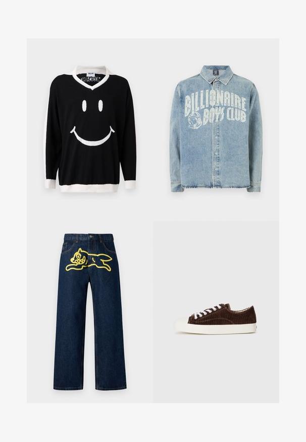 Sort langærmet sweater med hvid krave, manchetter og kant, der har et stort hvidt smilende ansigt på forsiden.; Lyseblå denimjakke med trykknaplukning foran, krave og hvid tekst "Billionaire Boys Club" med grafik af en astronaut-hjelm på brystet.; Mørkeblå denim jeans med et stort gult grafisk motiv af en springende karakter på baglommen. Lige ben design med standard syninger.; Brune corduroy lav-top sneakers med hvide snørrebånd og en hvid gummisål, vist fra siden på en lys grå baggrund.