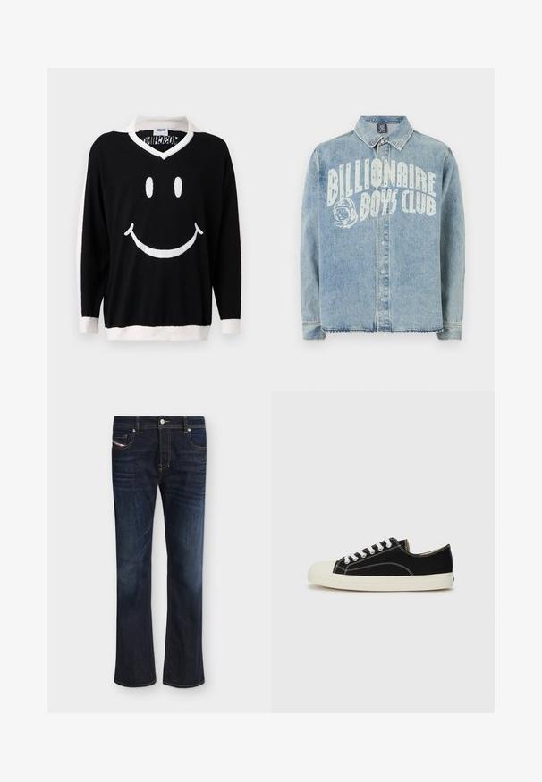Pull noir à manches longues avec col, poignets et ourlet blancs, arborant un grand visage souriant blanc sur le devant.; Veste en denim bleu clair avec fermeture à boutons, col et texte blanc "Billionaire Boys Club" accompagné d'un graphique de casque d'astronaute sur la poitrine.; Jean en denim bleu foncé avec légère décoloration aux cuisses, cinq poches, fermeture par bouton et fermeture éclair, coupe droite et coutures orange visibles.; Baskets en toile noires avec des coutures blanches, un embout rond en caoutchouc et des lacets blancs. Présente un dessus en tissu texturé et une semelle beige.