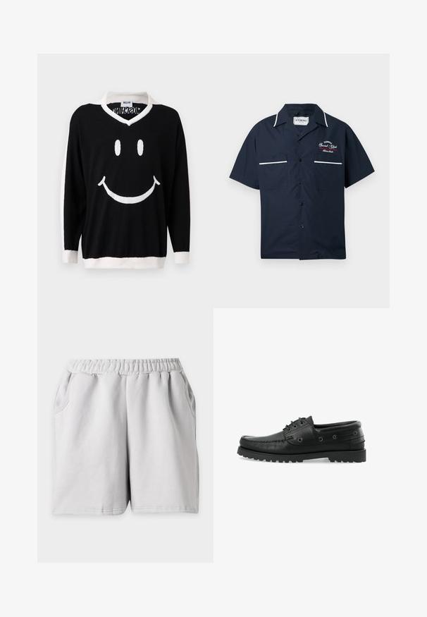 Sort langærmet sweater med hvid krave, manchetter og kant, der har et stort hvidt smilende ansigt på forsiden.; Mørkeblå kortærmet skjorte lavet af letvægtsstof, med to frontlommer, hvide piping og broderede logodetaljer.; Lysegrå afslappede shorts med elastisk taljebånd og sidelommer vist fladt på en ensfarvet baggrund.; Sorte læder bådsko med tekstureret overflade, snørebåndsdesign, gummisål med trækkraft og metaløjer på siderne.