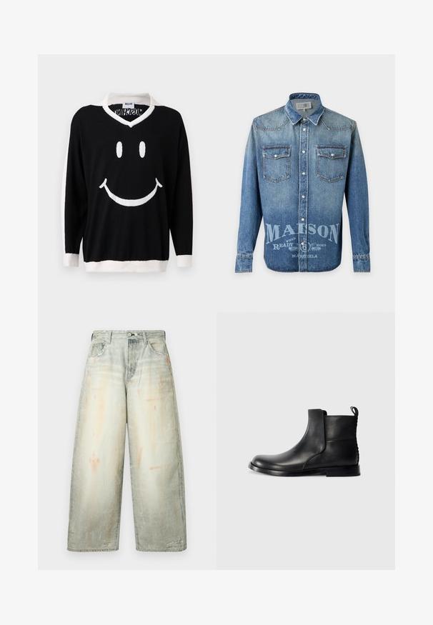 Sort langærmet sweater med hvid krave, manchetter og kant, der har et stort hvidt smilende ansigt på forsiden.; Blå denim langærmet skjorte med trykknapper, to forlommer med klap og falmet hvid tekst med "MAISON" hen over den nederste forside.; Bredbenede, gråblegede cowboybukser med højtaljet pasform, knaplukning foran, lommer og diskrete slidte detaljer.; Sort læder ankelstøvle med rund tå, elastiske sidepaneler og en tekstureret bagside. Har en flad gummisål og strop til at trække i.