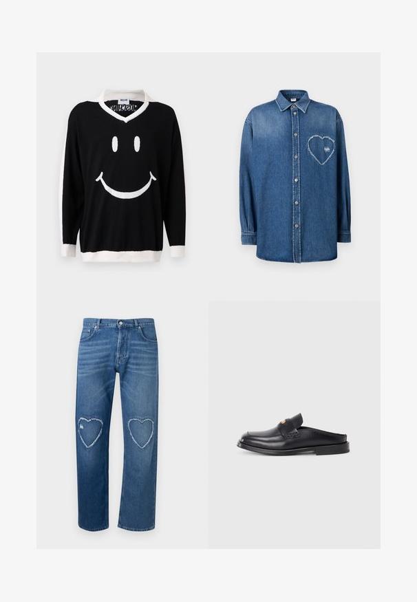 Schwarzer Langarmpullover mit weißem Kragen, weißen Bündchen und Saum, auf der Vorderseite mit einem großen weißen Smiley-Gesicht.; Blaues Denim-Hemd mit langen Ärmeln, Knopfleiste, Kragen und einem ausgefransten Herz-Aufnäher auf der linken Brustseite.; Blaue Denim-Jeans mit hoher Taille, geraden Beinen und ausgefransten, herzförmigen Ausschnitten an beiden Knien.; Schwarzer Leder Slipper mit runder Zehe, niedrigem Absatz und geflochtenem Designdetail im Obermaterial. Zeichnet sich durch minimalistisches Styling und glatte Textur aus.