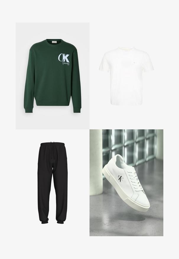 Sudadera de algodón verde con mangas largas, cuello redondo y logo blanco de Calvin Klein en el pecho. Textura suave y puños acanalados.; Camiseta blanca de manga corta con cuello redondo y pequeño logo "ck" bordado en el pecho izquierdo.; Pantalones deportivos negros de corte holgado con cintura y puños elásticos, con cordón ajustable en la cintura.; Zapatilla blanca Calvin Klein con cordones, mostrada flotando sobre un suelo de cemento pulido y un fondo de pared de bloques de vidrio.