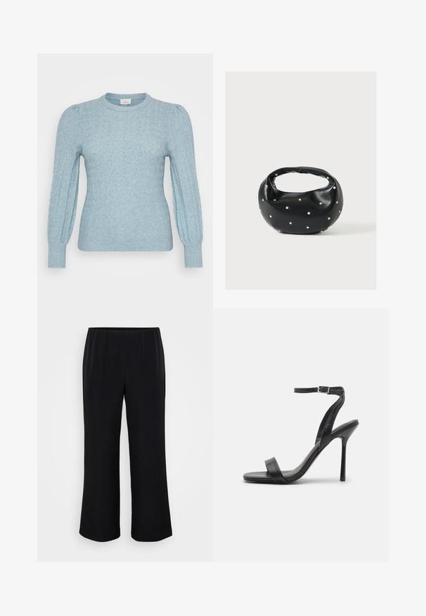 Pull en tricot bleu clair avec un motif texturé en vagues, manches longues bouffantes, poignets côtelés et col rond.; Pantalons larges noirs en tissu lisse avec une taille élastique. Design simple, sans motifs ni éléments métalliques visibles.; Sandale à talons hauts noire avec une fine sangle au niveau de la cheville et deux bandes à l'avant. Fabriquée en cuir lisse avec un bout pointu élégant et un talon aiguille.; Sac à main en cuir noir de forme arrondie, décoré de clous argentés et équipé d'une poignée courte. Texture lisse et fermeture éclair.