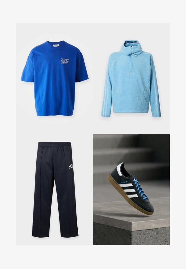 Heleheline fliisist kapuutsiga, millel on veerandzipper, Adidas logo rinnal ja kolm triipu varrukatel.; Sinine puuvillane T-särk lühikeste varrukatega, halli logoga vasakul ülal rinnal, ümara kaelusega ja lõdva lõikega.; Tumedas laevansinised vabaaja püksid elastse vöökohaga, küljetaskud ja valge osaline tekstiga logo ülemisel reiel.; Must Adidas toss valgete triibu, siniste paelte ja kummist tallaga, hõljuv pehme valgusega halli betoonastme kohal.