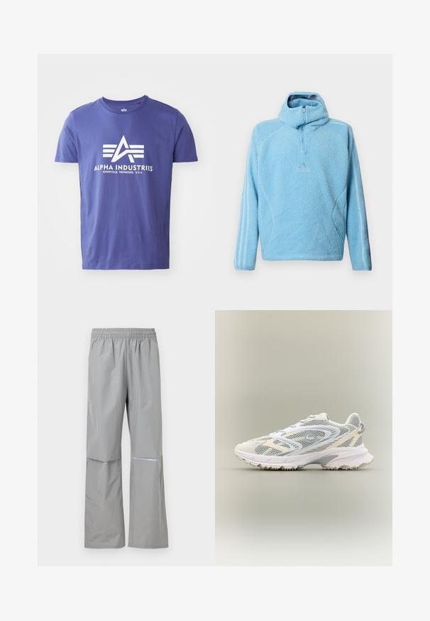 Sweat à capuche en polaire bleu clair avec un zip quart, logo Adidas sur la poitrine et trois bandes le long des manches.; T-shirt en coton violet à manches courtes, comportant un logo blanc incluant "ALPHA INDUSTRIES" et un design géométrique.; Pantalon de pluie imperméable gris clair avec taille élastique et bande réfléchissante sur la jambe droite, conçu pour une utilisation en extérieur.; Chaussure de sport blanche avec des panneaux en mesh gris, des superpositions texturées, un col rembourré et une semelle en caoutchouc dotée de petites pointes de traction.
