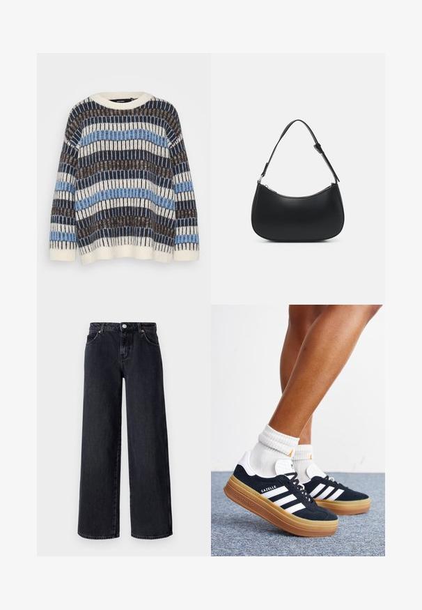 Vero Moda Petite VMTIFFANY O NECK - Džemper - birch/chocolate torte/allure; Vero Moda Petite VMREMY MR WIDE - Wide leg - black denim; Jalad valgete sokkide ja mustade Adidas Gazelle tossudega, millel on valged triibud ja paksud pruunid tallad, halli vaibaga põrandal.; Pieces PCALUANA SHOULDER BAG - Käekott - black