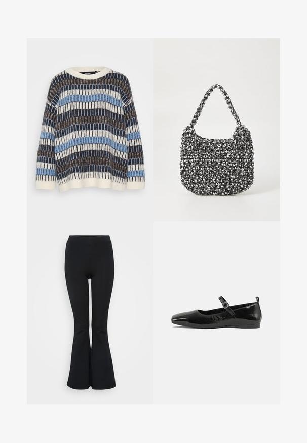 Vero Moda Petite VMTIFFANY O NECK - Neule - birch/chocolate torte/allure; Mustat leveälahkeiset legginsit, jotka on valmistettu venyvästä materiaalista. Ominaisuuksiin kuuluvat korkea vyötärö ja sileä pinta. Päättyy leveisiin lahkeisiin.; Musta patenttinaahkakenkä litteällä pohjalla, terävä kärki, nilkkahihna soljella ja sileä, kiiltävä pinta. Matala korko mukavuutta varten.; Kudottu käsilaukku mustavalkoisena, pyöreällä muotoilulla, tekstuuripinnalla ja pitkillä punottu kahvalla. Sopii arkikäyttöön.