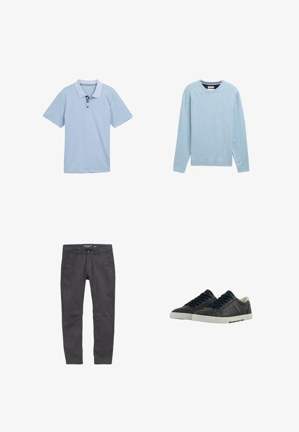 Lyseblå sweatshirt lavet af blød stof, med rund hals, lange ærmer, ribbede manchetter og en diskret logo detalje på brystet.; Lyseblå polo-shirt med en tofarvet krave, tre-knaps placket og korte ærmer. Fremstillet af glat, åndbart stof.; Grå bomuldsbukser med lige snit, forlommer og knaplukning. Har diskret branding og en glat tekstur.; Marine læder sneakers med hvide gummisåler, rund tå og sorte snørebånd. Subtile teksturer og branding på siderne. Casual design.