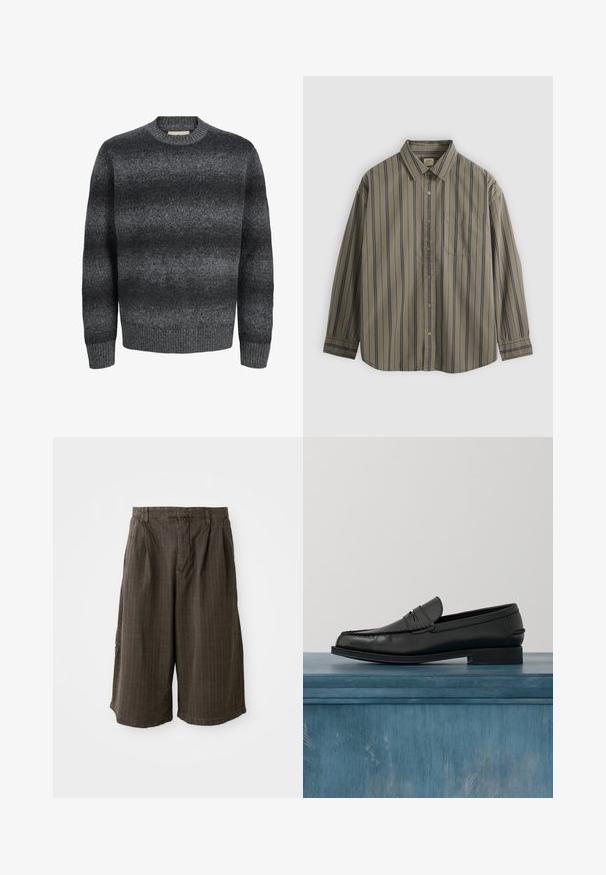 Jersey de hombre gris oscuro con cuello redondo, mangas largas y un sutil patrón de degradado horizontal en tejido texturizado.; Camisa de manga larga color verde oliva con botones, rayas verticales azul marino y un bolsillo en el pecho, colocada sobre un fondo gris.; Pantalones cortos a rayas marrones con un corte holgado. Hechos de una tela ligera, presentan pliegues y dobladillo enrollado para un detalle adicional.; Mocasines de cuero negro con un diseño elegante, que presentan una puntera cosida y un acabado suave. El zapato tiene un tacón bajo y detalles mínimos.