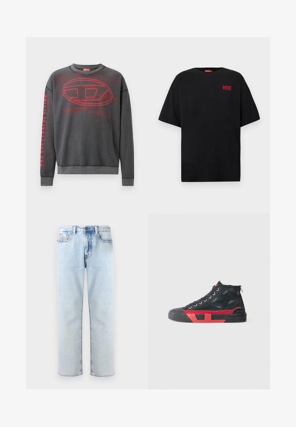Kulgrå sweatshirt med rød abstrakt mønster, stort rødt oval logo på brystet, og teksten "FOR SUCCESSFUL LIVING" på venstre ærme.; Sort T-shirt lavet af bomuld, med korte ærmer, rund halsudskæring og en rød "DIESEL"-logo på venstre brystområde.; Lysblå denimjeans med lige ben, fem-lomme design og let falmede områder. Har en knaplukning og løkke til et bælte.; Sort høj-top sneakers med røde accenter og en forslidt finish. Har et struktureret kanvasoverdel og en gummisål med udsnit.