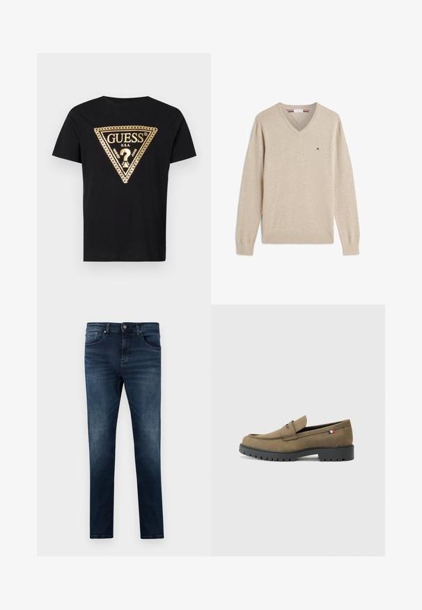 Beiger V-Ausschnitt Pullover mit langen Ärmeln, gerippten Bündchen und Saum, mit einem kleinen rechteckigen roten, weißen und blauen Logo auf der linken Brust.; Guess CHAIN - T-Shirt print - jet black; Dunkelblaue Jeans aus Denim mit schlanker Passform, gerade Beinform, fünf Taschen und silbernen Hardware-Details. Ausgebleichte Stofftextur.; Braune WildlederSlipper mit runder Zehenpartie, schwarzer Gummisohle und dekorativer Naht. Enthält ein kleines rotes, weißes und blaues Flaggenakzent.
