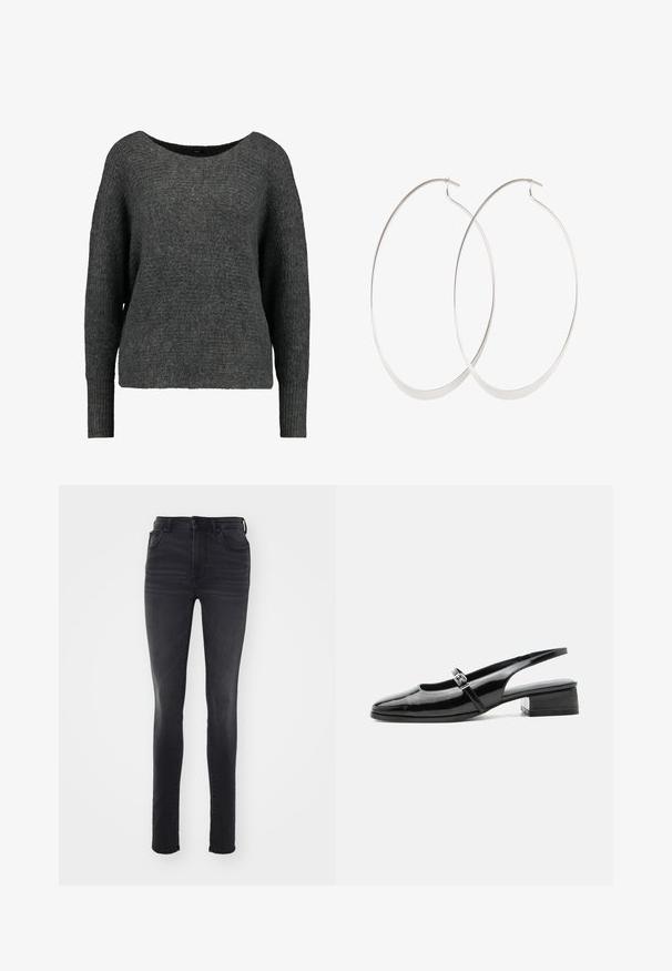 Dunkelgrauer Pullover aus einem weichen, strukturierten Stoff. Besitzt einen weiten Ausschnitt und lange, gerippte Ärmel mit einer lockeren Passform.; Schmale schwarze Jeans aus Denim, mit hohem Bund, fünf Taschen, dezenten Ausbleichungen und geradem Schnitt.; Schwarzer Slingback-Schuh aus Lackleder mit niedrigem Blockabsatz und dünnem Riemen mit silberner Schnalle oben.; Silberne Creolen mit einem dünnen, glatten Design; länglich-ovale Form; polierte Oberfläche; ausgestattet mit einem sicheren Hakenverschluss.