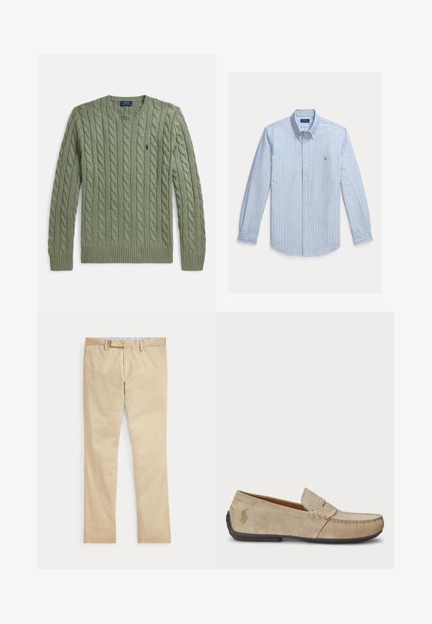 Green cable-knit sweater featuring a crew neck, ribbed cuffs and hem, and a small embroidered logo on the chest. Textured and medium weight.; Light blue long-sleeve button-up shirt with white vertical stripes and a small embroidered Polo Ralph Lauren logo on the chest.; Beige straight-leg trousers with belt loops and a front zipper fly, laid flat against a white background.; Beige suede loafers with a stitched detail, flat rubber sole, and a small logo on the side. Classic slip-on design, soft texture.