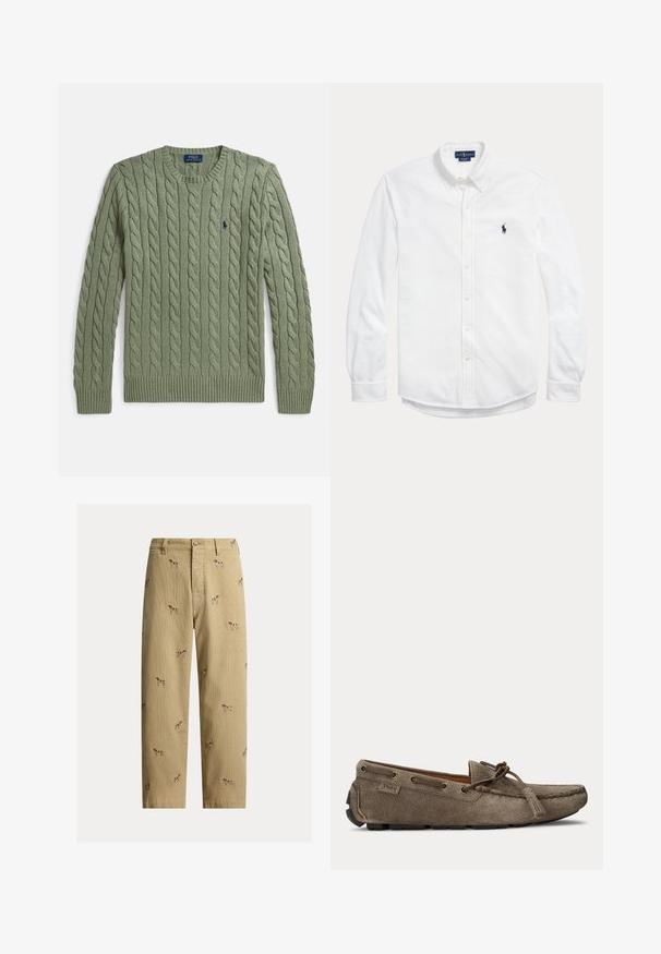 Grøn kabelstrikket sweater med rund hals, ribkanter ved ærmer og kant samt et lille broderet logo på brystet. Strukturen er tekstureret og af medium vægt.; Hvid skjorte med lange ærmer med knapper, knaplukket krave og lille mørkt Polo Ralph Lauren-logo på venstre bryst.; Beige fløjlsbukser med broderede hundemotiver, lige ben, fem lommer og knaplukning foran.; Lysebrun ruskindsslipper med snøre- og duskedetalje, syet moc-tå og gummiydersål, sidevisning.