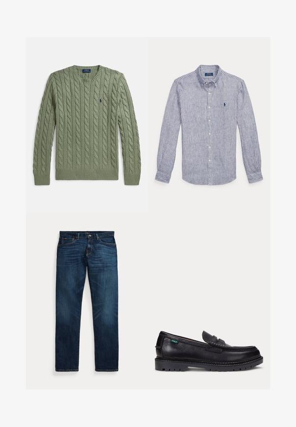 Grøn kabelstrikket sweater med rund hals, ribkanter ved ærmer og kant samt et lille broderet logo på brystet. Strukturen er tekstureret og af medium vægt.; Blå og hvide lodrette stribede skjorte med lange ærmer, knapper, krave og lille broderet logo på venstre bryst.; Mørkeblå denimjeans med let falmning på lår og lommer, knap- og lynlåslukning samt design med fem lommer, lagt fladt på hvid baggrund.; Sort læderloafer med tyk, mønstret sål og lille grøn "Polo"-mærke på ydersiden nær hælen.