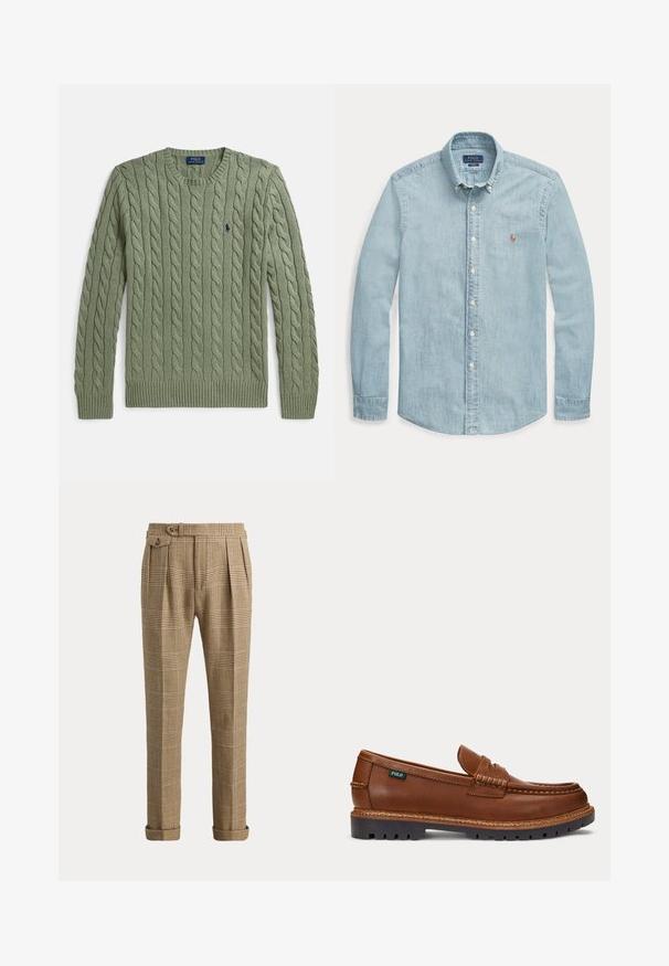 Grøn kabelstrikket sweater med rund hals, ribkanter ved ærmer og kant samt et lille broderet logo på brystet. Strukturen er tekstureret og af medium vægt.; Lyseblå langærmet denimskjorte med knapkrave, hvide knapper og et lille broderet Polo Ralph Lauren-logo på brystet.; Brune ternede bukser med høj talje med folder, opsmøgede kanter, sidelommer og en knappet stropdetalje ved linningen.; Brun læderloafer med syninger, robust sort sål og lille "Polo" mærkat på siden.