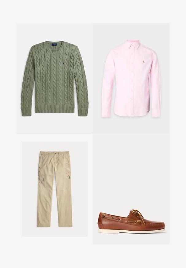 Grøn kabelstrikket sweater med rund hals, ribkanter ved ærmer og kant samt et lille broderet logo på brystet. Strukturen er tekstureret og af medium vægt.; Lyserød langærmet skjorte med knapper, knappet krave og lille broderet logo på venstre bryst.; Beige bomuldsbukser med broderede motiver, herunder træer og bjerge, med knaplukning og bæltestropper.; Brun læder bådsko med hvid sål, snørebånd bundet foroven og metal-øjer langs siderne og i forreste syning.