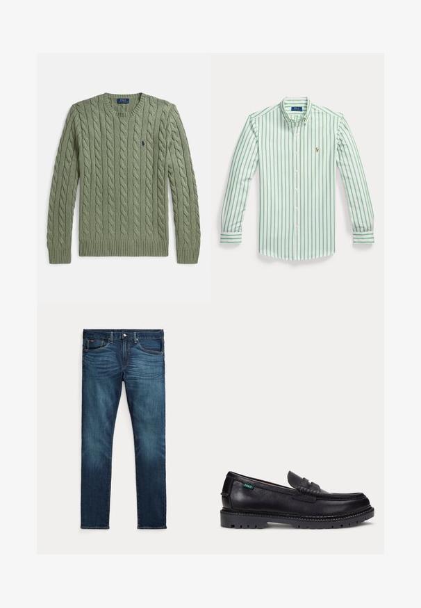 Grøn kabelstrikket sweater med rund hals, ribkanter ved ærmer og kant samt et lille broderet logo på brystet. Strukturen er tekstureret og af medium vægt.; Herre langærmet skjorte med knapper, med lodrette grønne og hvide striber samt et lille broderet logo på venstre bryst.; Mørkeblå slim-fit jeans med frontknap og lynlås, fem lommer og subtil falmen på forreste lår og knæ.; Sort læderloafer med tyk, mønstret sål og lille grøn "Polo"-mærke på ydersiden nær hælen.
