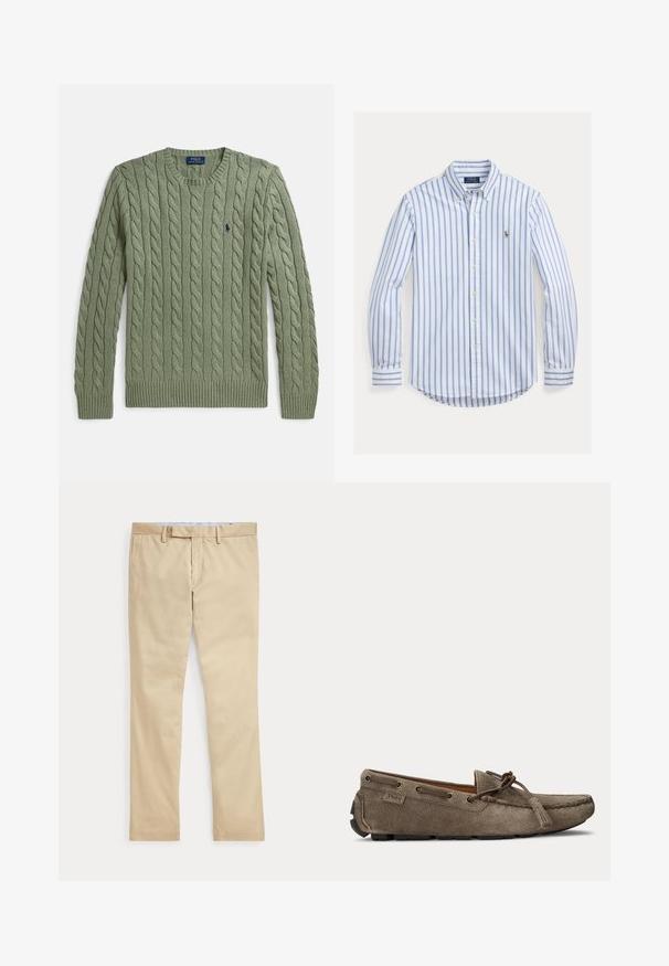 Grøn kabelstrikket sweater med rund hals, ribkanter ved ærmer og kant samt et lille broderet logo på brystet. Strukturen er tekstureret og af medium vægt.; Langærmet skjorte med knapper med blå og hvide lodrette striber og lille broderet logo på venstre bryst.; Beige bukser med lige ben, bæltestropper og frontlynlås, lagt fladt mod en hvid baggrund.; Lysebrun ruskindsslipper med snøre- og duskedetalje, syet moc-tå og gummiydersål, sidevisning.