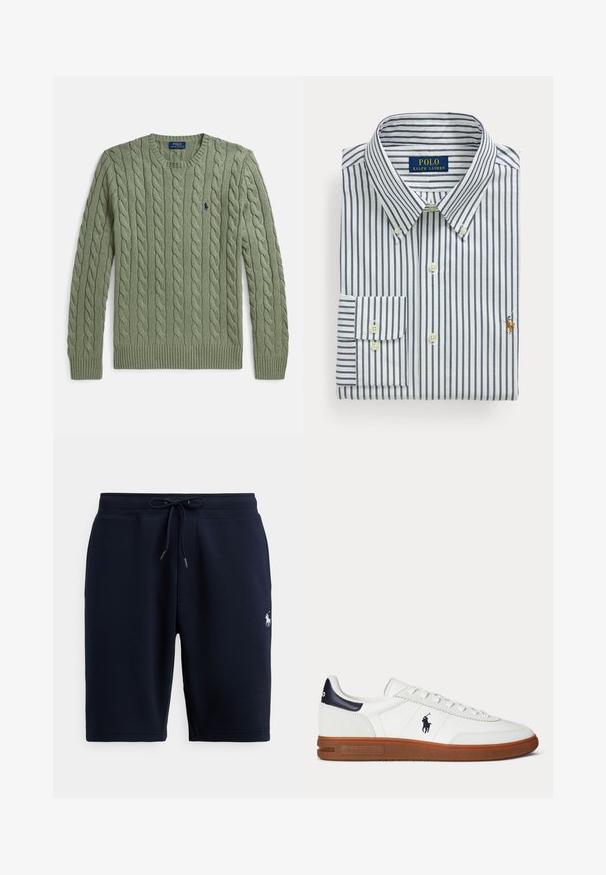 Pull vert en maille torsadée avec col rond, poignets et ourlet côtelés, et un petit logo brodé sur la poitrine. Texture et poids moyens.; Chemise blanche pliée avec des rayures verticales bleu marine, col boutonné et logo Polo Ralph Lauren brodé sur la poitrine.; Shorts de sport en coton bleu marine avec taille élastique, cordon de serrage et logo sur le côté gauche. Texture lisse, longueur au genou.; Baskets basses blanches avec semelle marron, patch noir au talon, logo brodé d’un joueur de polo, et lacets blancs.
