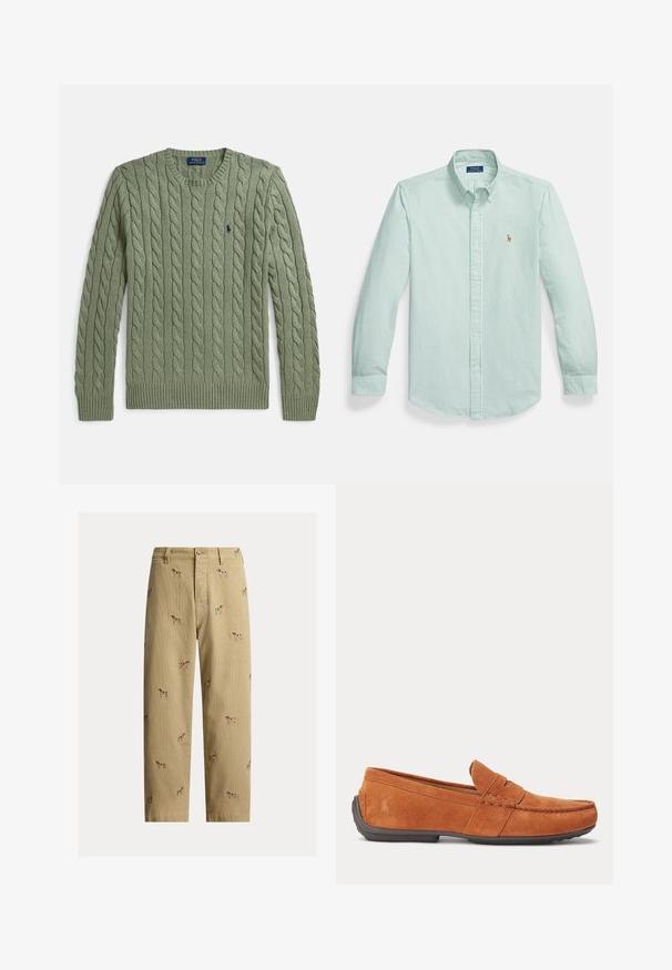 Grøn kabelstrikket sweater med rund hals, ribkanter ved ærmer og kant samt et lille broderet logo på brystet. Strukturen er tekstureret og af medium vægt.; Lysegrøn skjorte med knapper, der har hvide lodrette striber, spids krave og et lille broderet logo på brystet.; Beige fløjlsbukser med broderede hundemotiver, lige ben, fem lommer og knaplukning foran.; Brun herre loafer i ruskind med syningdetaljer, en penny-lomme på overdelen og en mørk gummisål.