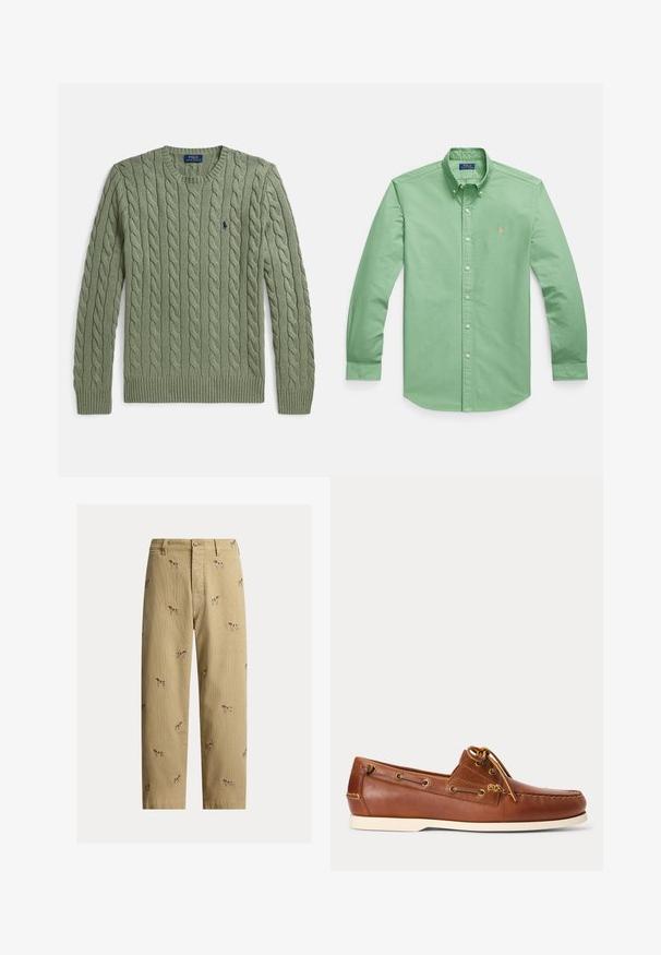 Grøn kabelstrikket sweater med rund hals, ribkanter ved ærmer og kant samt et lille broderet logo på brystet. Strukturen er tekstureret og af medium vægt.; Grøn bomuldsskjorte med knapper, lavet af bomuld med en glat tekstur, med lange ærmer, spids krave og et lille broderet logo på brystet.; Beige fløjlsbukser med broderede hundemotiver, lige ben, fem lommer og knaplukning foran.; Brun læder bådsko med hvid sål, snørebånd bundet foroven og metal-øjer langs siderne og i forreste syning.