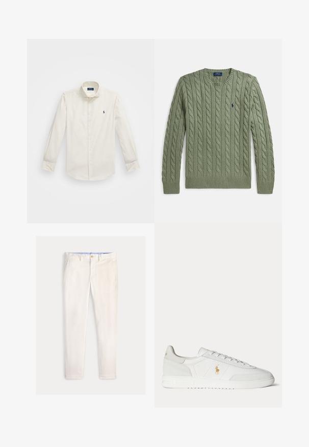 Grøn kabelstrikket sweater med rund hals, ribkanter ved ærmer og kant samt et lille broderet logo på brystet. Strukturen er tekstureret og af medium vægt.; Hvid langærmet skjorte lavet af bomuld, med krave der lukkes med knapper, en enkelt brystlomme og en lille marineblå logo på venstre side.; Herre slim-fit off-white bukser med frontlommer, bæltestropper og knaplukning på en ensfarvet baggrund.; Hvid lavtop sneaker med snøredesign, guldfarvet Polo Ralph Lauren-logo på siden og tekstureret sål på en ensfarvet baggrund.