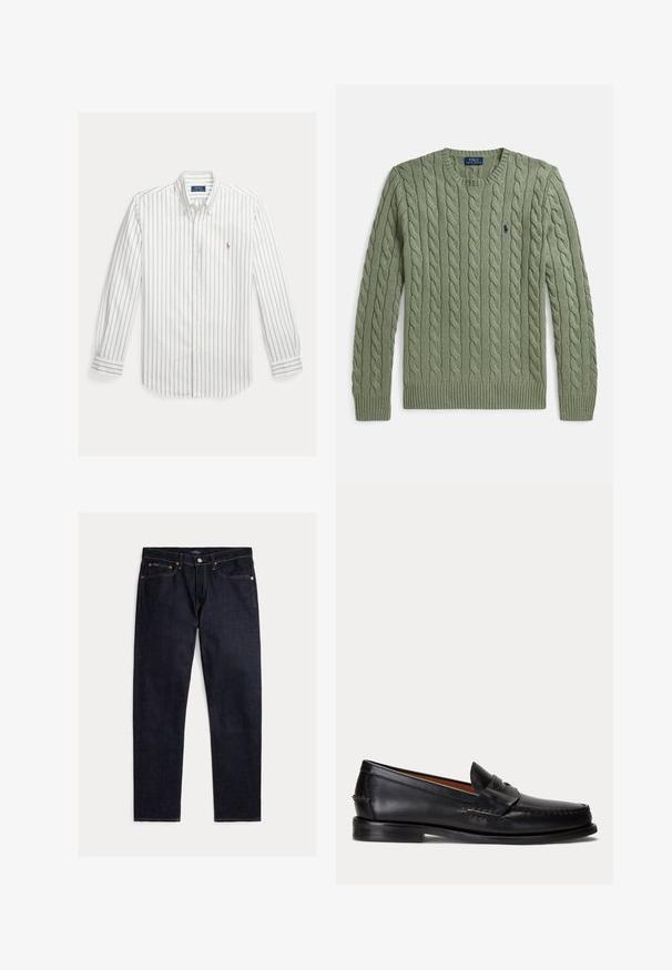 Grøn kabelstrikket sweater med rund hals, ribkanter ved ærmer og kant samt et lille broderet logo på brystet. Strukturen er tekstureret og af medium vægt.; Hvid langærmet skjorte med knapper og tynde lodrette blå striber samt lille broderet logo på venstre bryst.; Mørk indigoblå jeans med lige ben, fem lommer, knap- og lynlås lukning samt kontrastfulde orange syninger på en ensfarvet baggrund.; Sort læderloafer med lav hæl og pennyremdetalje, vist fra siden på en lysegrå baggrund.