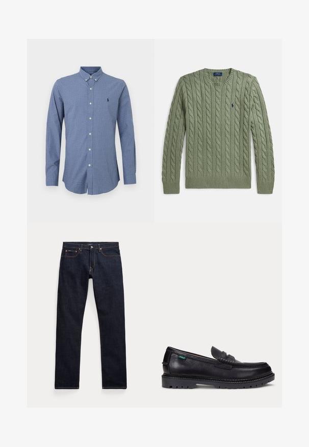 Groene kabelgebreide trui met ronde hals, geribbelde manchetten en zoom, en een klein geborduurd logo op de borst. Gestructureerd en van gemiddelde dikte.; Lange mouw knoopshirt in een blauw geruit patroon. Gemaakt van katoen, met een button-down kraag en een klein logo op de borst.; Donkerblauwe denim jeans met vijf zakken, koperen klinknagels en contrasterende stiksels, plat gelegen tegen een witte achtergrond.; Zwarte leren loafer met dikke geprofileerde zool en klein groen "Polo" label aan de buitenkant bij de hiel.