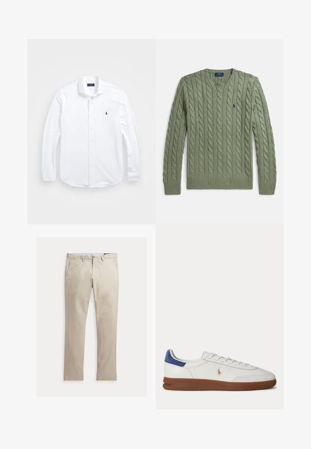 Groene kabelgebreide trui met ronde hals, geribbelde manchetten en zoom, en een klein geborduurd logo op de borst. Gestructureerd en van gemiddelde dikte.; Witte lange mouwen knoopshirt van katoen. Heeft een klassieke kraag, normale pasvorm en een klein marineblauw logo op de borst.; Beige katoenen broek met rechte pijpen, voorzakken, riemlussen, knoopsluiting en ritssluiting, plat liggend op een witte achtergrond.; Witte lage sneaker met bruine zool, blauwe hieltab, veters en gouden Polo Ralph Lauren-logo aan de zijkant.