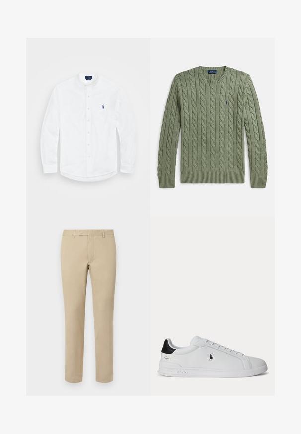 Groene kabelgebreide trui met ronde hals, geribbelde manchetten en zoom, en een klein geborduurd logo op de borst. Gestructureerd en van gemiddelde dikte.; Witte lange mouwen shirt met een bandkraag, knoopsluiting aan de voorkant en een blauw logo aan de linkerkant. Gemaakt van soepel katoen.; Beige katoenen broek met een rechte snit, voorzien van riemlussen, een platte voorkant en op maat gemaakte zoom. Glad textuur en minimale details.; Witte lage sneaker met zwarte hieltab, veters en Polo Ralph Lauren-logo aan de zijkant, met gegraveerde zooldetails.