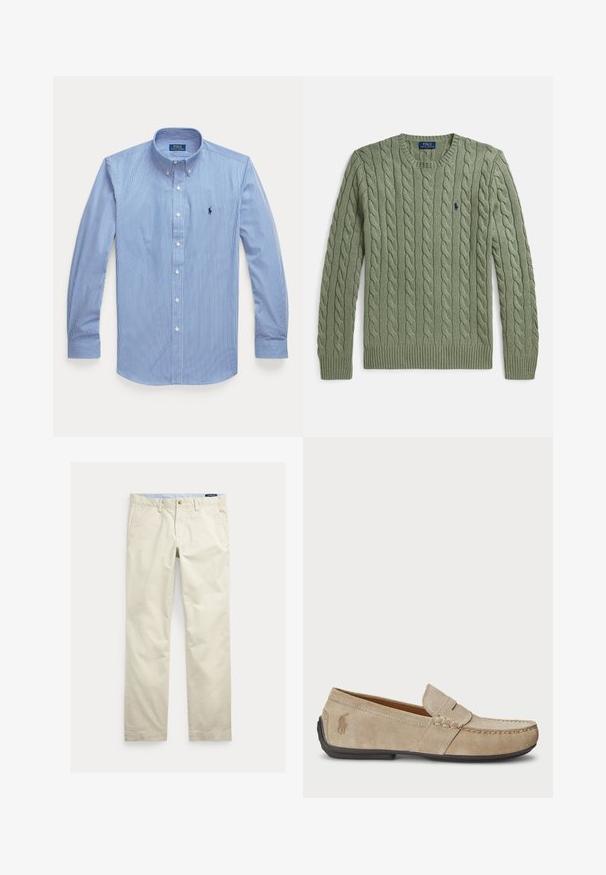 Vihreä palmikkoneulepaita, jossa pyöreä pääntie, resorit hihansuissa ja helmassa, sekä pieni kirjailtu logo rinnassa. Rakenteeltaan teksturoitu ja keskivahva.; Polo Ralph Lauren CUSTOM FIT - Vapaa-ajan kauluspaita - blue/white; Beiget suoralahkeiset puuvillahousut, joissa vyölenkit, edessä nappi, vetoketju ja sivutaskut.; Beige mokasíny z semišu s prešívaním, plochou gumovou podrážkou a malým logom na boku. Klasický dizajn na obutie, jemná textúra.